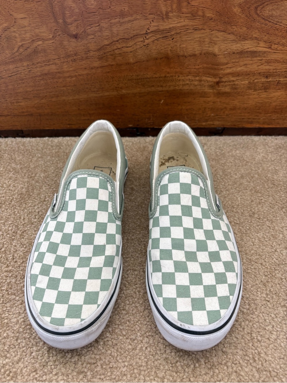 Vans Slip-On Checkerboard Sneakers in Sage Green and White